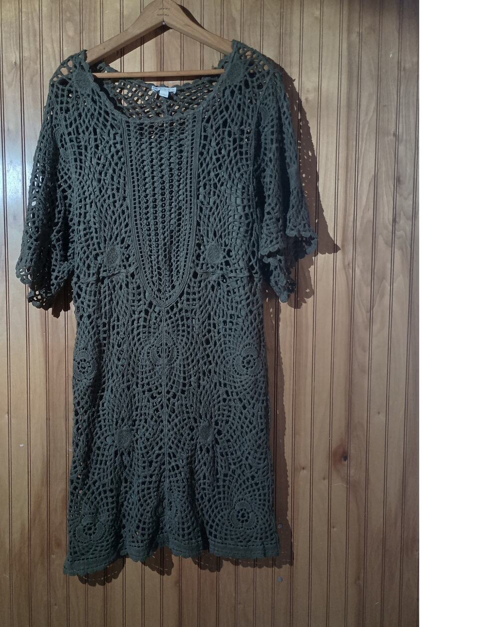 CATO Size L Army Green Faux-Crochet Boho Lined Layered Mini Dress Festival Beach